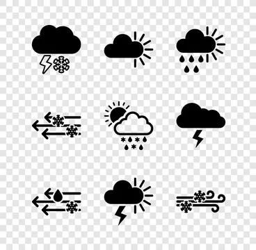 Set Cloud with snow and lightning, Cloudy, rain sun, Wind, Storm,  and snow.. Stock Illustration