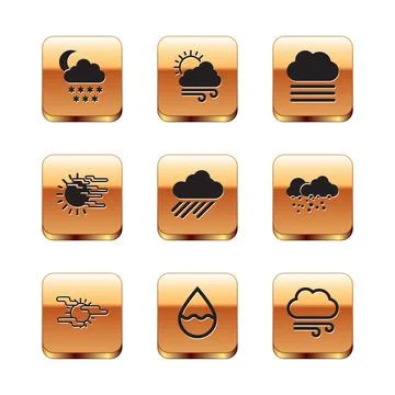 Set Cloud with snow and moon, Fog sun, Water drop, rain, and cloud icon. Vector Ilustração Stock