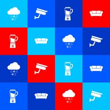 Set Cloud with snow and rain, Security camera, Blender and Sofa icon. Vector Stock Illustration