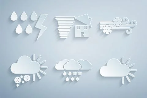 Set Cloud with snow and rain, Wind, Cloudy, Tornado swirl and Storm icon. Vector Illustrazione stock