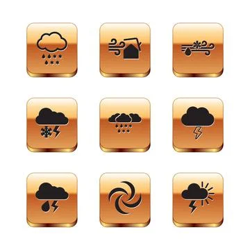 Set Cloud with snow and rain, lightning, Tornado, Wind, Storm and swirl icon Stock Illustration