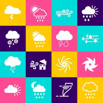 Set Cloud with snow and rain, Tornado, Wind, snow, sun, Storm and lightning icon Stock Illustration