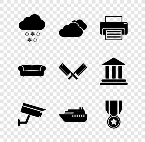 Set Cloud with snow and rain, , Printer, Security camera, Ship and Medal star Stock Illustration