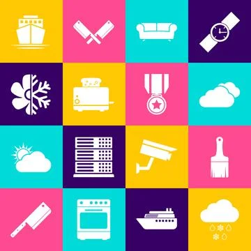 Set Cloud with snow and rain, Paint brush, , Sofa, Toaster toasts and Air c.. Stock Illustration