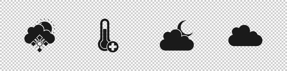 Set Cloud with snow and sun, Meteorology thermometer, moon and icon. Vector Stock Illustration