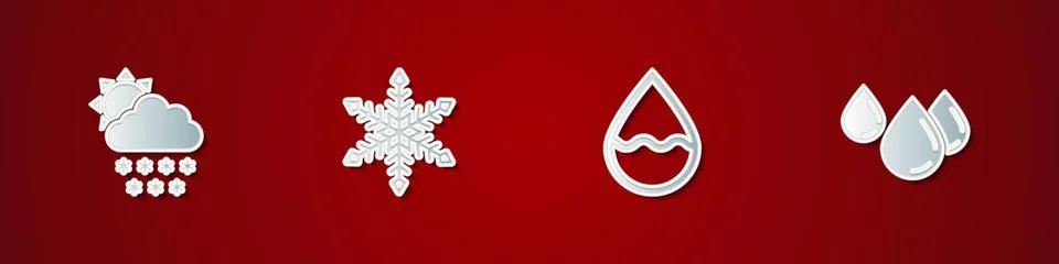 Set Cloud with snow and sun, Snowflake, Water drop and icon. Vector Illustrazione stock