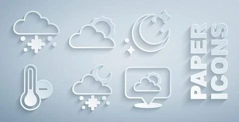 Set Cloud with snow and sun, Moon stars, Meteorology thermometer, Location cloud Illustrazione stock