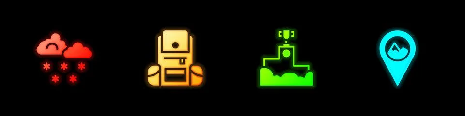 Set Cloud with snow, Hiking backpack, Award winner podium and Location mountain Stock Illustration