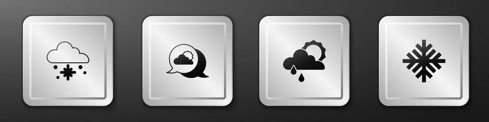 Set Cloud with snow, Location cloud, rain and sun and Snowflake icon. Silver 스톡 일러스트