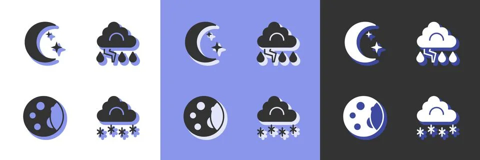 Set Cloud with snow, Moon and stars, phases and lightning icon. Vector Illustrazione stock