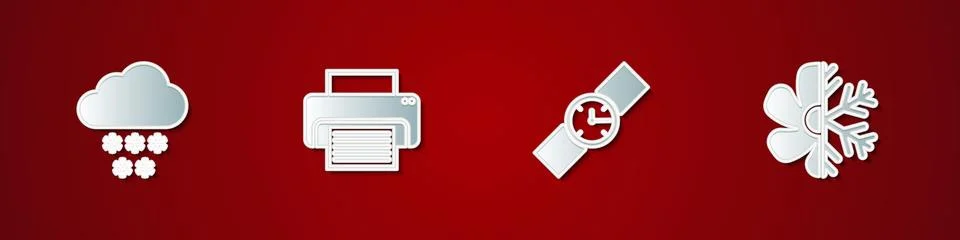 Set Cloud with snow, Printer, Wrist watch and Air conditioner icon. Vector Ilustração Stock