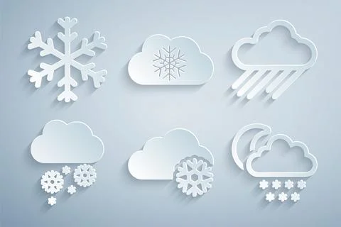Set Cloud with snow, rain, and moon, and Snowflake icon. Vector Stock Illustration