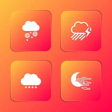 Set Cloud with snow, rain and lightning, and Fog moon icon. Vector Stock Illustration