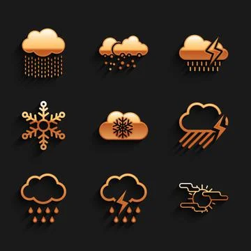 Set Cloud with snow, rain and lightning, Fog sun,  and Snowflake icon. Vector イラスト素材