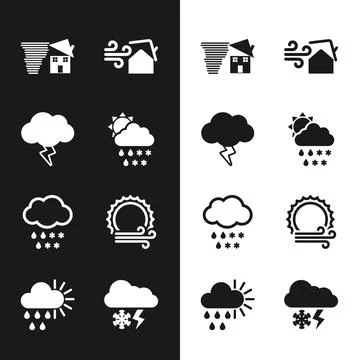 Set Cloud with snow, rain, sun, Storm, Tornado swirl, and, Wind, lightning and Stock Illustration