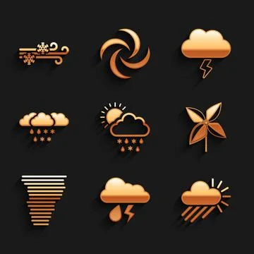 Set Cloud with snow, rain, sun, and lightning, Cloudy, Pinwheel, Tornado, Storm Stock Illustration