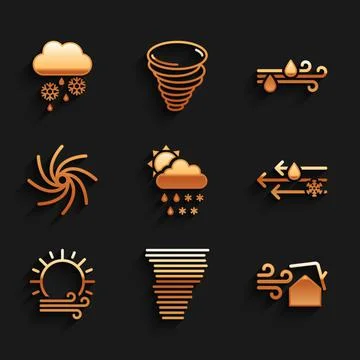 Set Cloud with snow, rain, sun, Tornado, swirl, Wind and, and icon. Vector Illustrazione stock