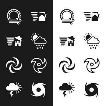Set Cloud with snow, rain, sun, Tornado swirl, Wind and, and Storm icon. Vector Illustrazione stock