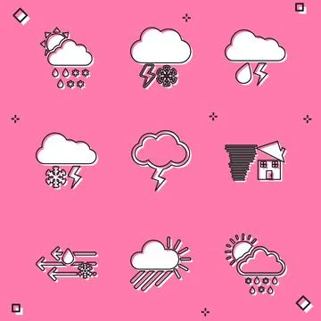 Set Cloud with snow, rain, sun, and lightning, Storm, Tornado swirl, Wind a.. Stock Illustration