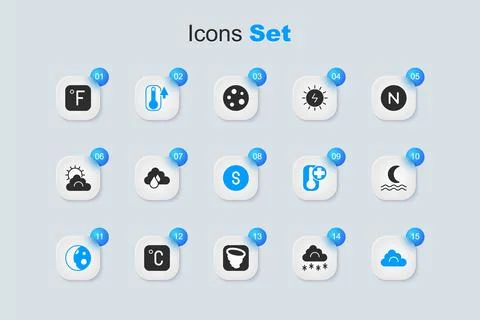 Set Cloud with snow, rain, Thermometer, Moon phases, Night fog or smoke, Fa.. Stock Illustration