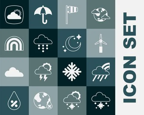 Set Cloud with snow, Rainbow cloud and rain, Wind turbine, Cone windsock wind Stock Illustration