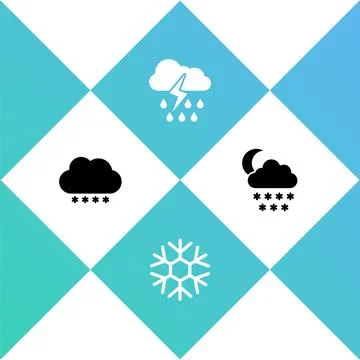 Set Cloud with snow, Snowflake, rain and lightning and moon icon. Vector Stock Illustration