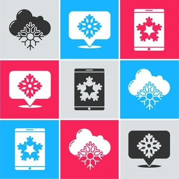 Set Cloud with snow, Snowflake with speech bubble and Christmas on smartphone Stock Illustration