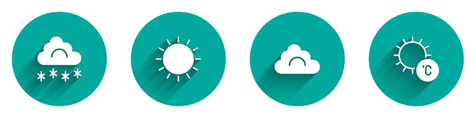 Set Cloud with snow, Sun, and icon with long shadow. Vector Stock Illustration