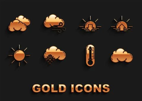 Set Cloud with snow, Sunrise, Thermometer, Sunset, and Windy weather icon Stock Illustration