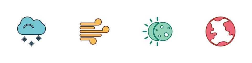 Set Cloud with snow, Wind, Eclipse of the sun and Earth globe icon. Vector Ilustração Stock