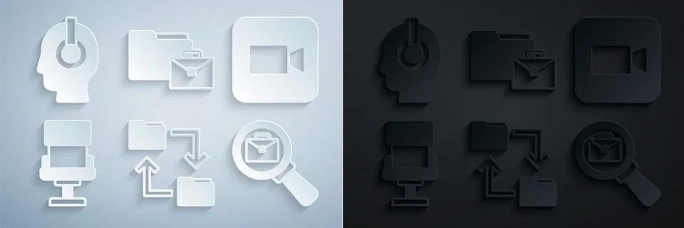 Set Cloud storage document folder, Camera, Office chair, Magnifying glass with Stock Illustration