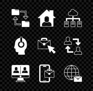 Set Cloud storage document folder, Online working, Video chat conference, F.. Illustrazione stock