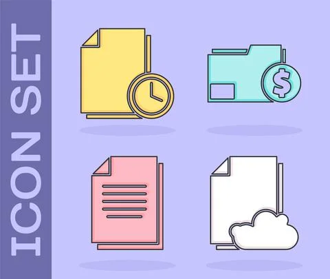 Set Cloud storage text document, Document with clock, Document and Finance Stock Illustration