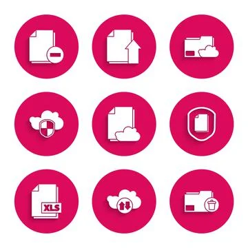 Set Cloud storage text document, download and upload, Delete folder, Document Stock Illustration
