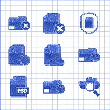 Set Cloud storage text document, Unknown folder, Search cloud computing Illustrazione stock