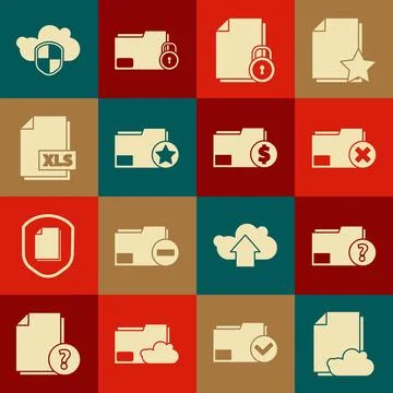 Set Cloud storage text document, Unknown folder, Delete, Document and lock,.. Stock Illustration