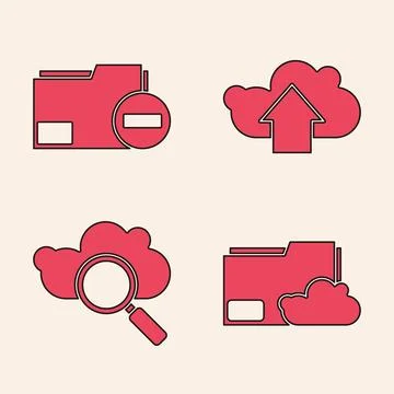 Set Cloud storage text document folder, Document folder with minus, Cloud upl Illustrazione stock