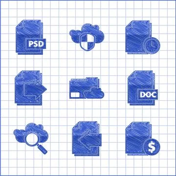Set Cloud storage text document folder, Next page arrow, Finance, DOC file,.. Stock Illustration