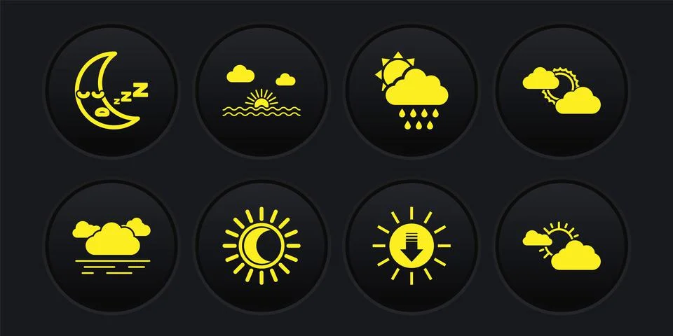 Set Cloud, Sun and cloud weather, Eclipse of sun, Sunset, with rain, and Moon 스톡 일러스트