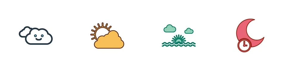 Set Cloud, Sun and cloud weather, Sunset and Sleeping moon icon. Vector Illustrazione stock
