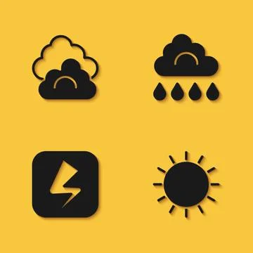 Set Cloud, Sun, Lightning bolt and with rain icon with long shadow. Vector 스톡 일러스트
