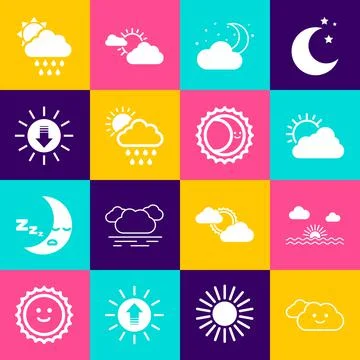 Set Cloud, Sunset, and cloud weather, with moon stars, rain sun, and Eclipse of Ilustração Stock