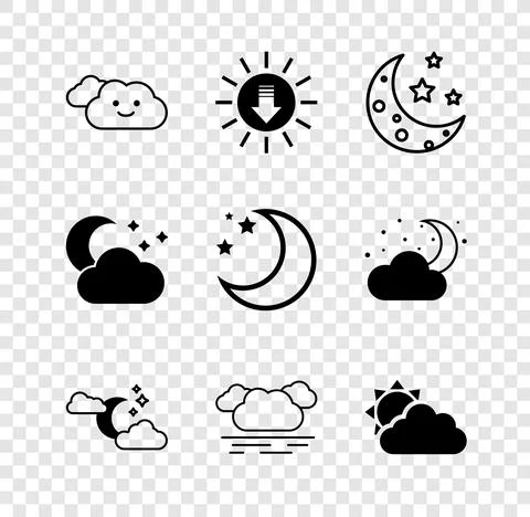 Set Cloud, Sunset, Moon and stars, with moon, cloud weather, and icon. Vector Illustrazione stock