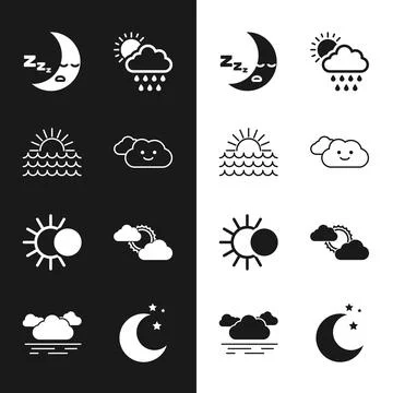 Set Cloud, Sunset, Moon icon, with rain and sun, Eclipse of the, cloud weather Ilustração Stock