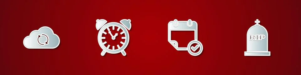 Set Cloud sync refresh, Alarm clock, Calendar with check mark and Tombstone RIP 스톡 일러스트
