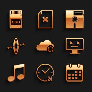 Set Cloud sync refresh, Clock 24 hours, Calendar, Dead monitor, Music note, t Stock Illustration