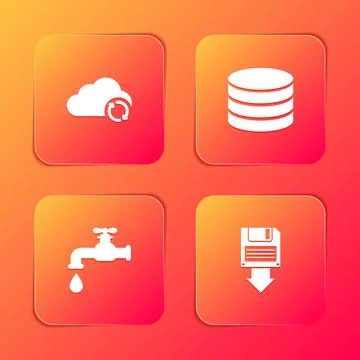 Set Cloud sync refresh, Database, Water tap and Floppy disk backup icon. Vect Stock Illustration