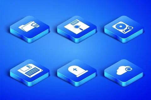 Set Cloud sync refresh, Delete folder, Tombstone with cross, Floppy disk, in the Illustrazione stock