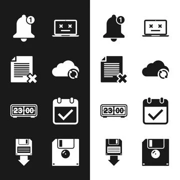 Set Cloud sync refresh, Delete file document, Bell, Dead laptop, Retro flip Ilustración de archivo