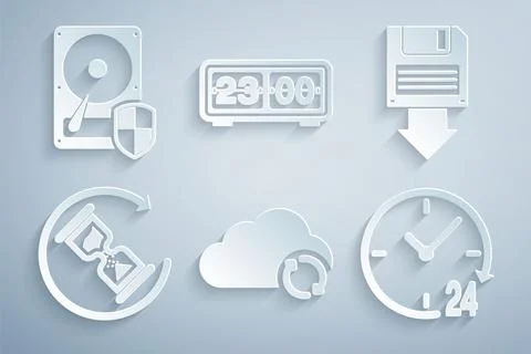 Set Cloud sync refresh, Floppy disk backup, Waiting, Clock 24 hours, Retro flip Stock Illustration